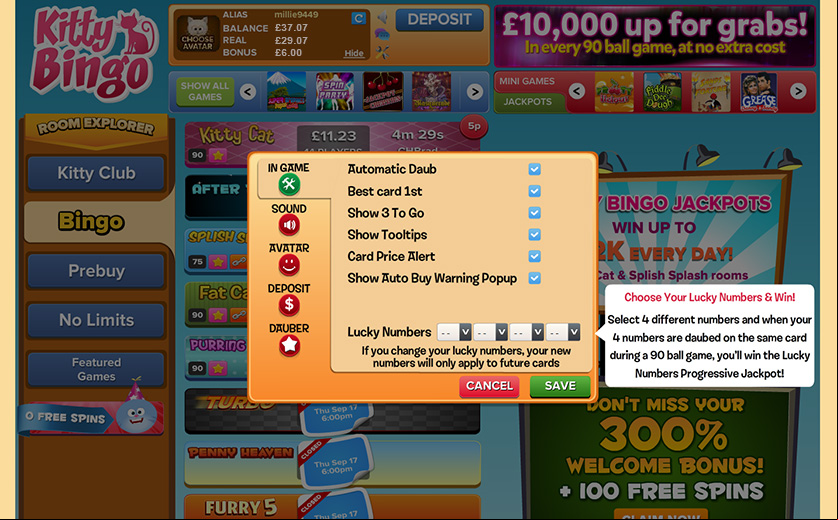 In-game settings at Kitty bingo, large view